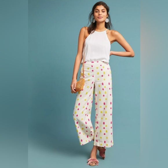 Anthropologie Pants - Anthropologie Cropped Wide Leg Clip Dot Trousers Pink Yellow Cream